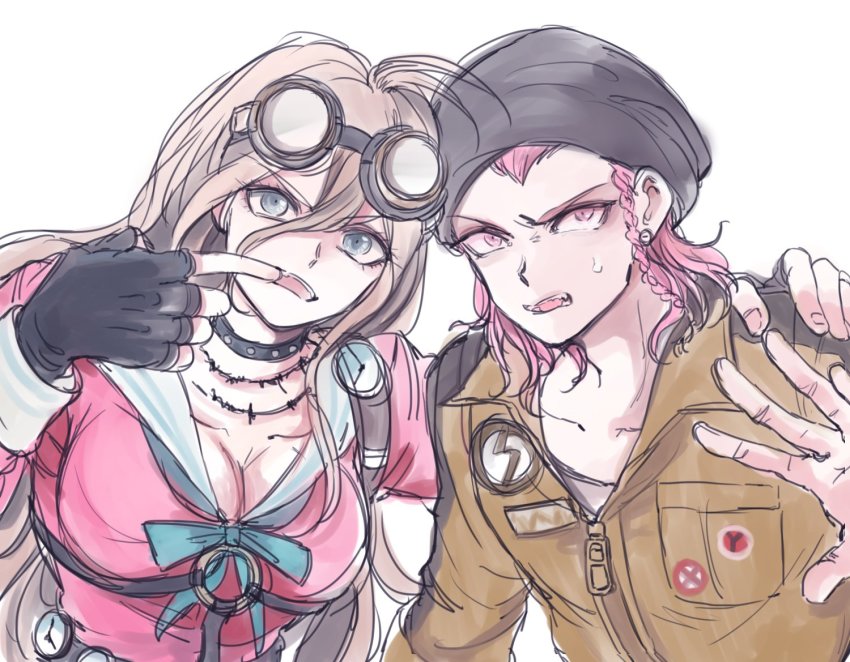 10s 1boy 1girl barbed_wire beanie black_gloves blonde_hair blue_eyes braid breasts choker cleavage danganronpa_(series) fingerless_gloves gloves goggles goggles_on_head goro_nyanko hair_between_eyes hat iruma_miu jumpsuit long_hair looking_at_viewer danganronpa_v3:_killing_harmony open_mouth pink_eyes pink_hair school_uniform serafuku short_hair single_braid soda_kazuichi danganronpa_2:_goodbye_despair trait_connection upper_body widow&#039;s_peak