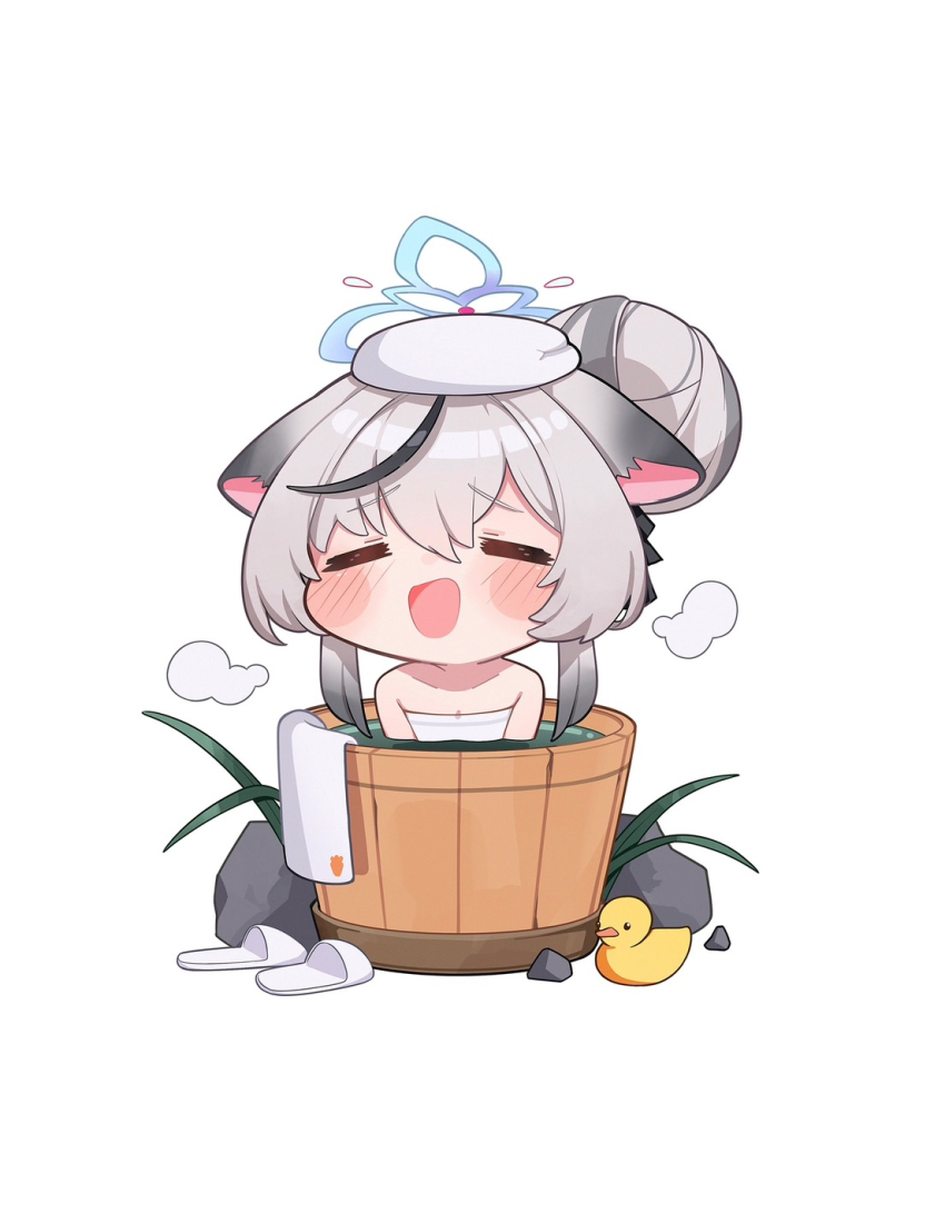 1girl animal_ears basin bathing beret blue_archive blue_halo blush_stickers chibi chibi_only closed_eyes cocokawa_(cjsj8353) hair_between_eyes hair_bun halo hat highres kokona_(blue_archive) multicolored_hair naked_towel open_mouth rubber_duck shoes short_hair_with_long_locks simple_background slippers smile solo steam streaked_hair tiger_ears towel unworn_shoes upper_body water white_background white_footwear white_hat