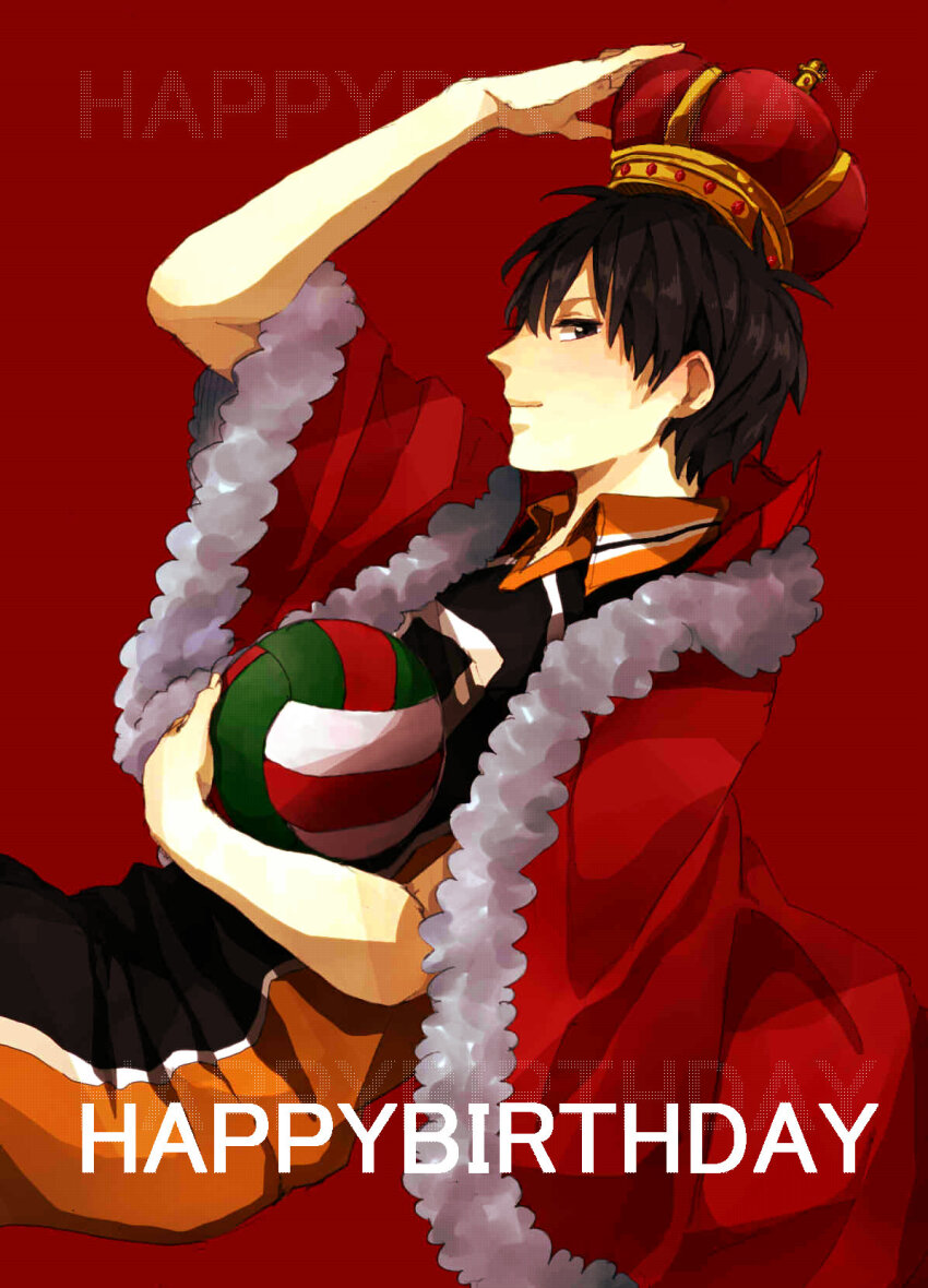 1boy arm_up ball black_eyes black_hair cape closed_mouth commentary_request crown from_side fur-trimmed_cape fur_trim haikyuu!! happy_birthday highres holding holding_ball kageyama_tobio karasuno_volleyball_uniform looking_at_viewer male_focus oriko_potos profile red_background red_cape shirt short_hair sideways_glance simple_background solo sportswear volleyball volleyball_(object) volleyball_uniform