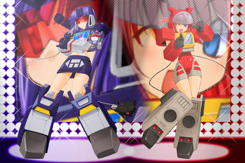 2girls blaster blaster_(transformers) chibi frenzy_(transformers) glasses kagenin kageyama_shinobi mecha_musume multiple_girls parody personification ravage_(transformers) rumble_(transformers) soundwave_(transformers) transformers transformers:_generation_1