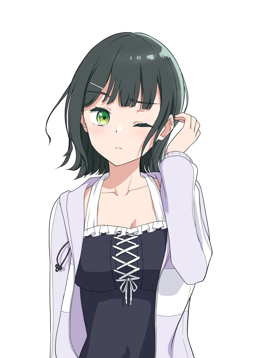 1girl ;| absurdres black_hair black_one-piece_swimsuit blunt_bangs breasts casual_one-piece_swimsuit cleavage closed_mouth collarbone commentary covered_navel cross-laced_clothes cross-laced_one-piece_swimsuit green_eyes grey_jacket hair_ornament hairclip hand_up highres jacket jacket_over_swimsuit large_breasts light_blush link!_like!_love_live! long_sleeves looking_to_the_side love_live! medium_hair momose_ginko momose_ginko_(swimsuit) official_alternate_costume ohrinas one-piece_swimsuit open_clothes open_jacket sideways_glance simple_background solo split_mouth swimsuit upper_body virtual_youtuber wavy_hair white_background