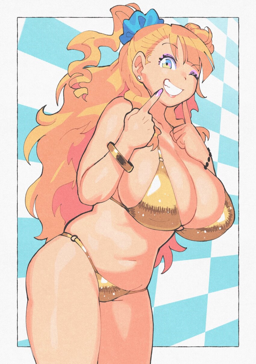 1girl bikini blonde_hair breasts checkered_background cleavage galko gold_bikini golden_week grin gyaru hair_bun highres inkerton-kun large_breasts lips long_hair navel one_eye_closed oshiete!_galko-chan scrunchie smile swimsuit teeth
