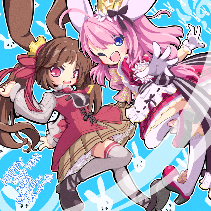 2girls absurdres animal_ears apron black_boots black_ribbon blue_eyes boots breasts brown_hair cinamon_alma crown dated dress emil_chronicle_online frills happy_new_year high_heels highres jacket large_breasts long_hair minnie_doe_alma multiple_girls new_year one_eye_closed open_mouth panties pantyshot pink_dress pink_hair pink_ribbon ponytail purple_eyes rabbit_ears rabbit_girl red_jacket red_ribbon ribbon thighhighs twintails underwear white_apron white_thighhighs