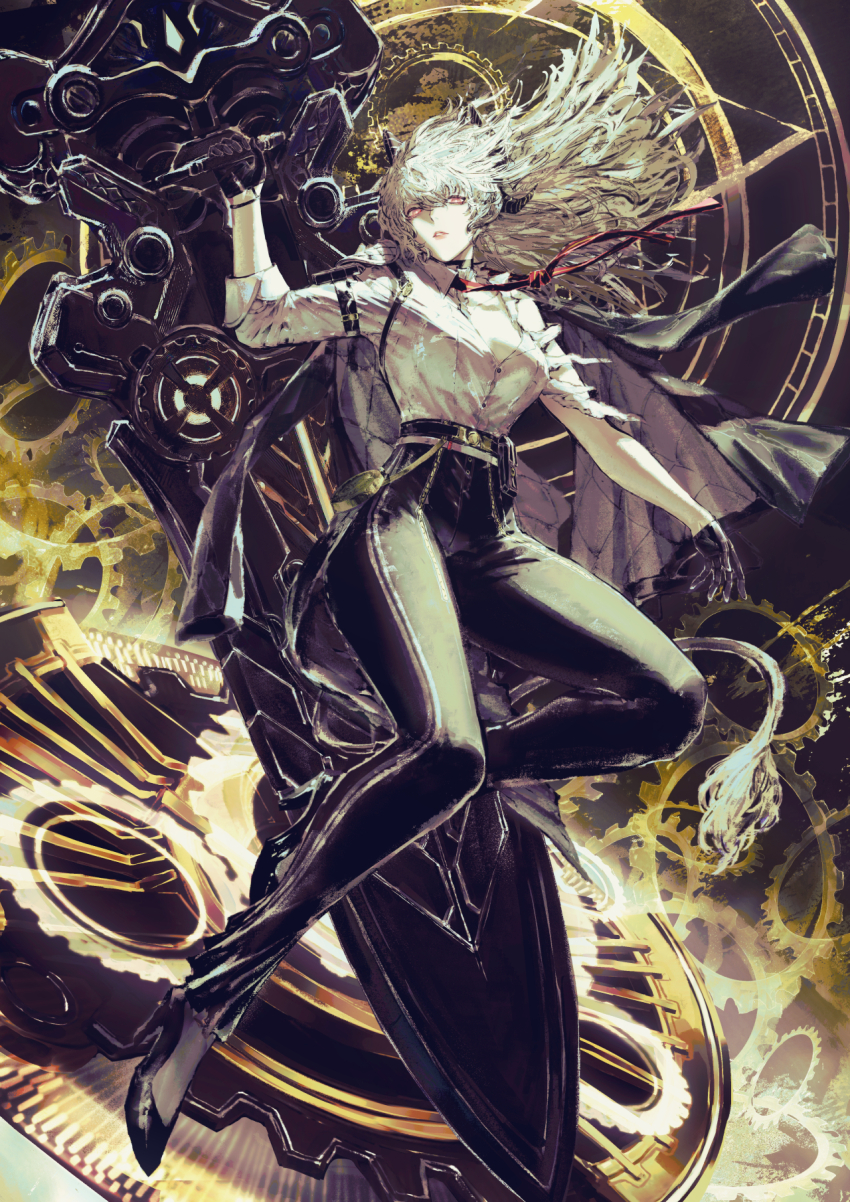 1girl arm_pouch black_gloves black_horns black_pants black_pouch black_shoes breasts commentary_request curled_horns floating_hair full_body gloves grey_hair hair_between_eyes high-waist_pants high_heels highres holding holding_shield horns large_breasts looking_at_viewer loose_necktie necktie pants parted_lips red_eyes red_necktie shield shirt shirt_tucked_in shoes solo tail tight_clothes tight_pants torn_clothes torn_shirt white_shirt wuthering_waves yoshi_(houndbell) zani_(wuthering_waves)