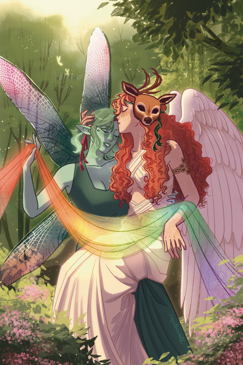 2girls antlers arm_tattoo blush body_freckles breasts bush celtic_knot cleavage closed_eyes colored_skin commentary criss-cross_halter curly_hair day deer_mask dragonfly_wings dress english_commentary feathered_wings flower forest freckles green_dress green_hair green_ribbon green_skin hair_ribbon halterneck hand_on_another&#039;s_head hand_on_another&#039;s_waist highres holding_sash horns kiss kissing_forehead long_hair mask medium_hair multiple_girls nature original outdoors parted_lips pink_flower rainbow_gradient raylee red_hair red_ribbon ribbon signature sitting sitting_on_lap sitting_on_person skirt sky sparkle tattoo tree white_skirt white_wings wings yellow_sky yuri