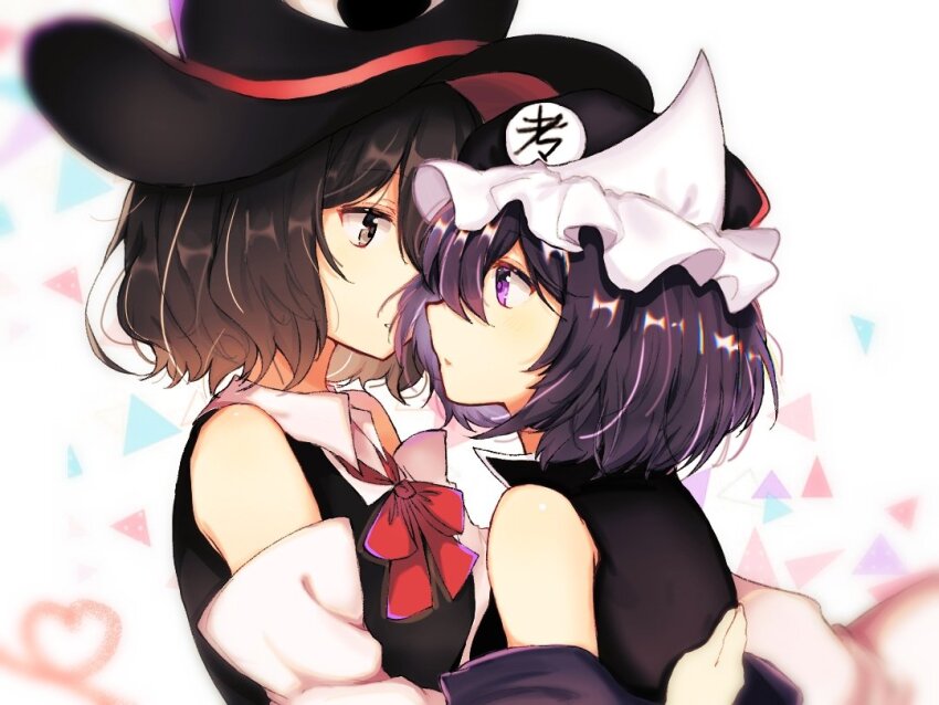 2others androgynous bare_shoulders black_hair black_shirt bow coat detached_sleeves enraku_tsubakura eye_of_senri eye_on_hat frills hat huangdouliuhan jacket len&#039;en multiple_others purple_eyes purple_hair red_ribbon ribbon shirt shitodo_kuroji short_hair sleeveless sleeveless_coat sleeveless_shirt top_hat triangular_headpiece