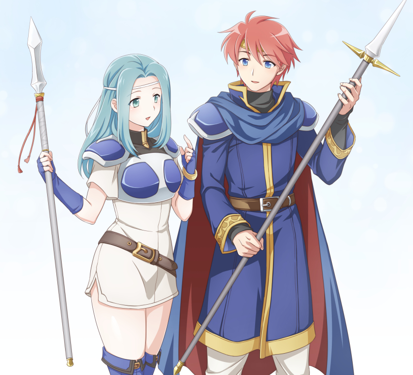 1boy 1girl aqua_hair armor blue_eyes blue_footwear blue_gloves boots breastplate cape commentary_request dress eliwood_(fire_emblem) fingerless_gloves fiora_(fire_emblem) fire_emblem fire_emblem:_the_blazing_blade gloves ham_pon headband highres holding holding_polearm holding_weapon long_hair long_sleeves nintendo pegasus_knight_uniform_(fire_emblem) polearm red_hair short_dress short_hair short_sleeves side_slit simple_background smile thigh_boots weapon white_dress