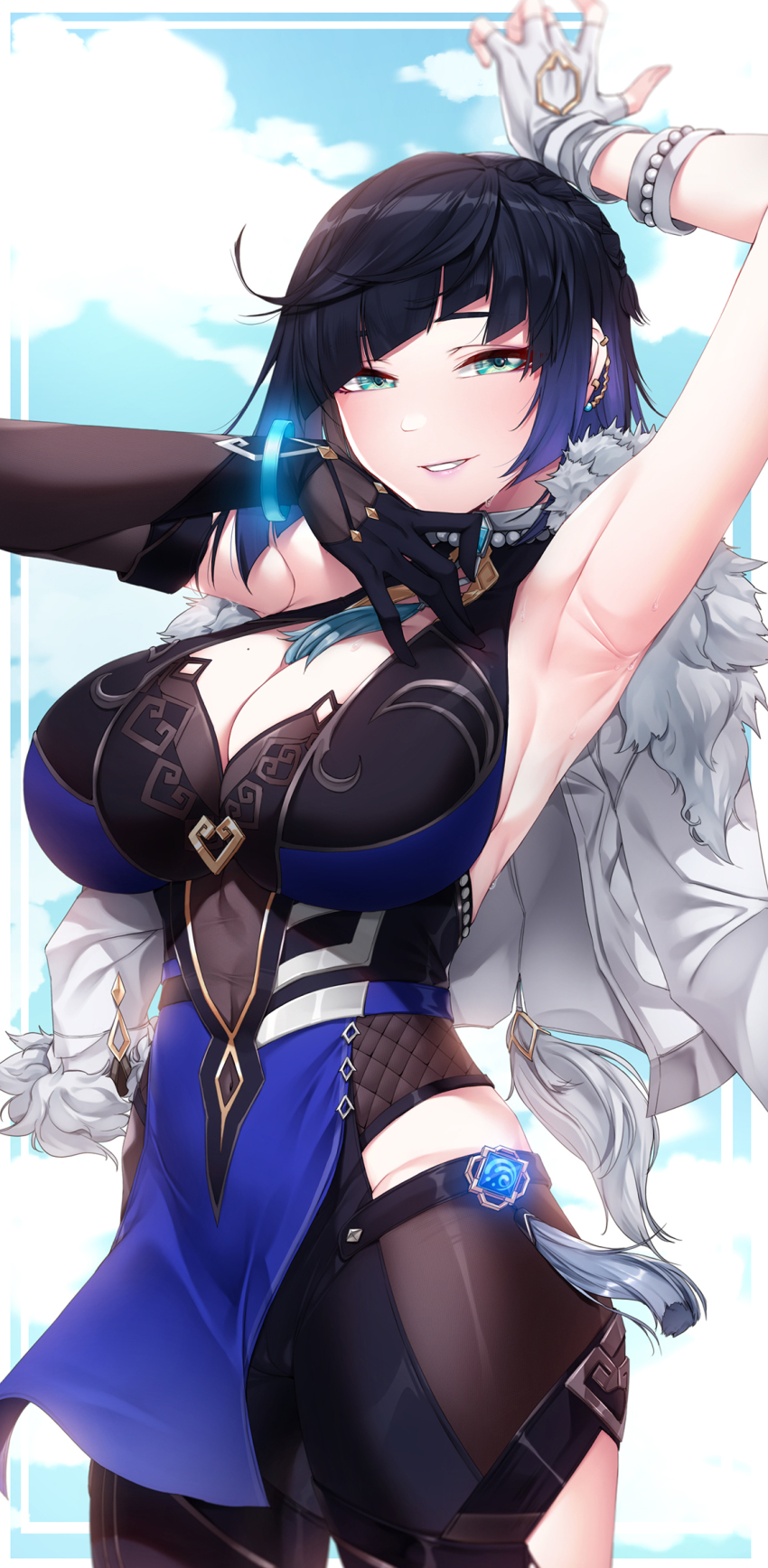 1girl akchu armpits arms_up asymmetrical_gloves bare_shoulders black_gloves black_hair blue_dress blue_sky bob_cut bracelet breasts cleavage cloud colored_tips diagonal_bangs dress elbow_gloves feather-trimmed_jacket fingerless_gloves fur-trimmed_jacket fur_trim genshin_impact gloves green_eyes highres jacket jacket_on_shoulders jewelry large_breasts looking_at_viewer mismatched_gloves mole mole_on_breast multicolored_hair neck_tassel pants parted_lips presenting_armpit single_elbow_glove sky sleeveless sleeveless_dress tassel tassel_choker tight_clothes tight_pants vision_(genshin_impact) waist_cutout white_gloves white_jacket yelan_(genshin_impact)