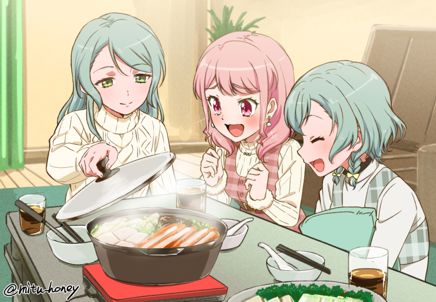 3girls artist_name bang_dream! blue_hair blush bow bowl braid cable_knit closed_eyes closed_mouth crab drink excited food green_eyes highres hikari_(mitsu_honey) hikawa_hina hikawa_sayo hotpot lid maruyama_aya multiple_girls open_mouth pink_eyes pink_hair siblings side_braids sisters smile steam steaming_food sweater table twins white_sweater yellow_bow