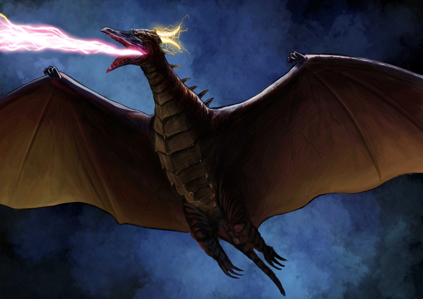 absurdres beak breath_weapon claws cloud electricity energy energy_beam fire_rodan flying gattyo glowing_horns godzilla_(series) godzilla_vs._mechagodzilla_ii highres horns mouth_beam night no_humans open_mouth orange_eyes pteranodon pterosaur rodan sharp_teeth simple_background sky spikes tail talons teeth toho tongue uranium_heat_beam veins veiny_wings wings yellow_electricity