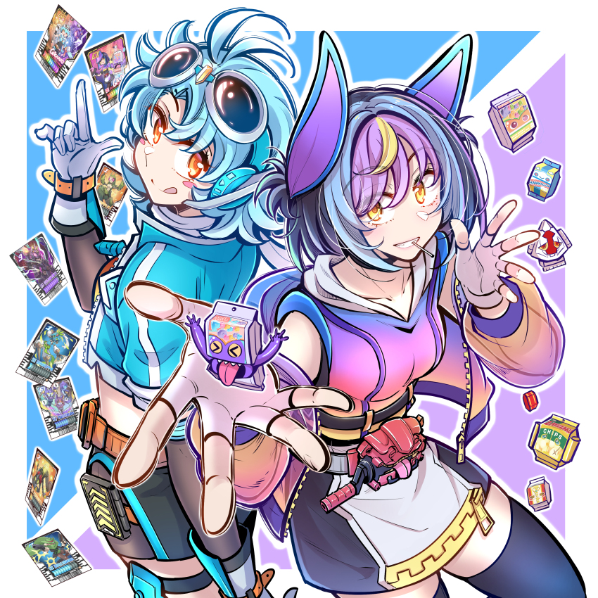 &gt;_&lt; 2girls absurdres antenna_hair back-to-back belt black_choker black_hair black_shorts black_thighhighs blonde_hair blue_hair blue_jacket blush_stickers border chocodan_(brown_chocolate) choker commentary_request cowboy_shot cropped_jacket fei_luo_mao fingerless_gloves from_above gloves gochizo goggles goggles_on_head gotcha_driver gradient_clothes gradient_jacket gradient_shirt grin headphones henshin_belt_gavv highres in-franchise_crossover index_finger_raised jacket kamen_rider kamen_rider_gavv kamen_rider_gavv_(series) kamen_rider_gotchard kamen_rider_gotchard_(series) licking_lips lollipop_in_mouth looking_at_viewer looking_back looking_to_the_side multicolored_hair multiple_girls orange_belt orange_hair popping_gummy purple_hair rider-tan rider_belt shirt short_hair shorts smile thigh_strap thighhighs tongue tongue_out white_border white_gloves yellow_eyes zakuzaku_chips zettai_ryouiki