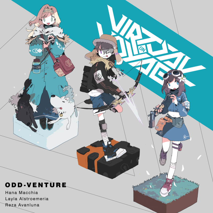 1boy 2girls absurdres album_cover bag black_jacket blue_eyes blue_jacket blue_skirt book brown_hair bullet character_name cover cropped_jacket flower goggles goggles_on_head gun hair_flower hair_ornament hana_macchia handbag handgun highres holding holding_book holding_bullet holding_gun holding_weapon jacket layla_alstroemeria medium_hair multiple_girls navel nijisanji nijisanji_id official_art one_eye_closed pistol purple_eyes reza_avanluna skirt smile song_name soyacomu tongue tongue_out virtual_youtuber weapon white_hair