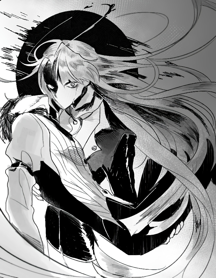 1boy 1girl ace_attorney bad_id bad_pixiv_id catuoon crying diego_armando formal_clothes highres long_hair looking_at_viewer mia_fey monochrome