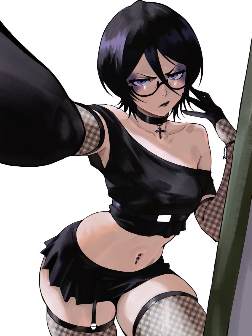 1girl bare_shoulders bion_(insomn_bion) black_hair bleach breasts choker collarbone elbow_gloves female_focus garter_straps glasses gloves goth_fashion highres kuchiki_rukia medium_hair navel_piercing piercing simple_background skirt small_breasts white_background