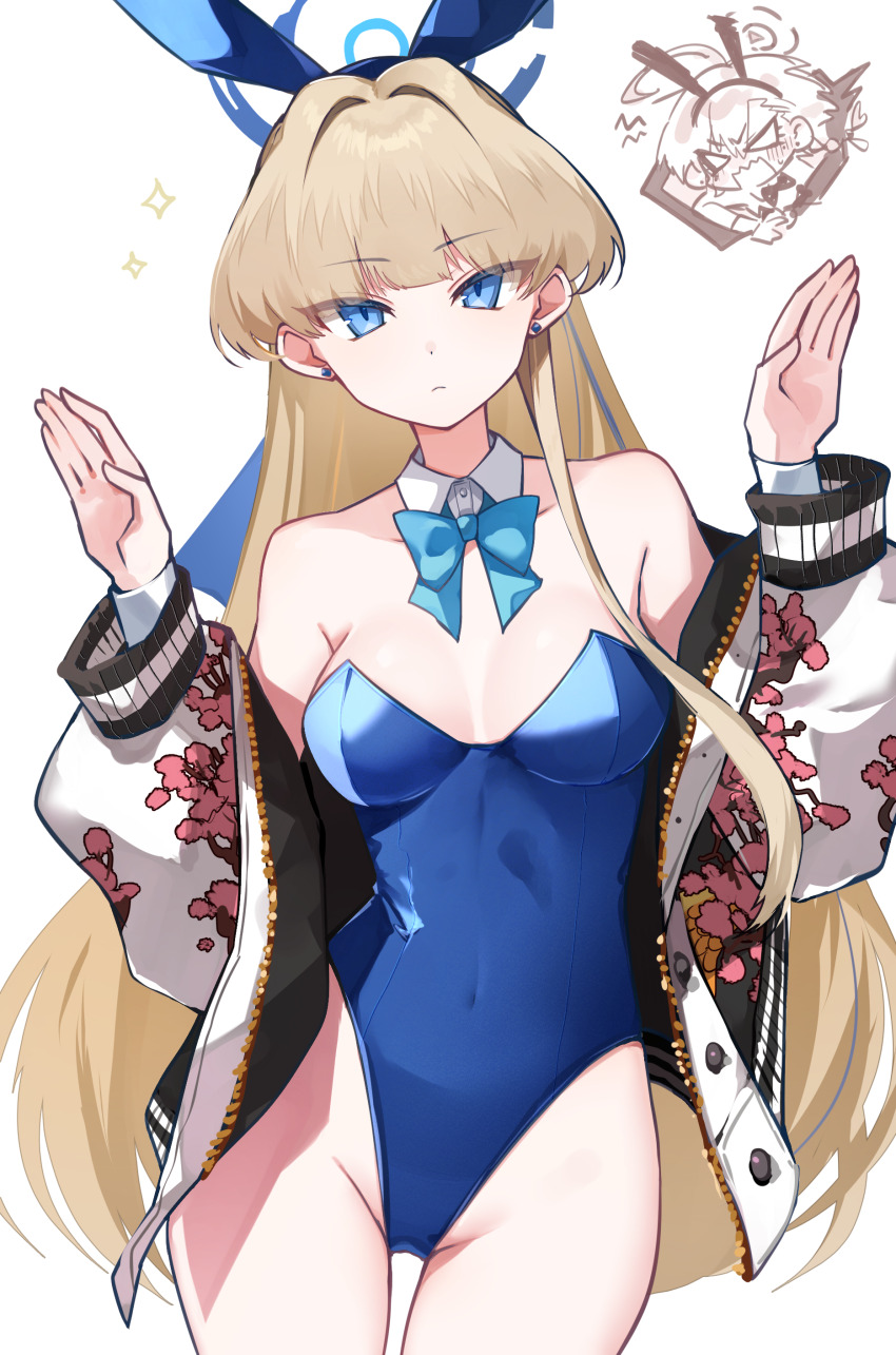 2girls absurdres animal_ears blonde_hair blue_archive blue_bow blue_bowtie blue_eyes blue_hair blue_halo blue_leotard bow bowtie breasts closed_mouth colored_inner_hair cowboy_shot detached_collar fake_animal_ears groin halo highres jacket leotard long_hair long_sleeves looking_at_viewer medium_breasts multicolored_hair multiple_girls neru_(blue_archive) neru_(bunny)_(blue_archive) official_alternate_costume open_clothes open_jacket playboy_bunny puffy_long_sleeves puffy_sleeves rabbit_ears simple_background strapless strapless_leotard sukajan toki_(blue_archive) toki_(bunny)_(blue_archive) tsumikitsuki_(katsuobushi) white_background