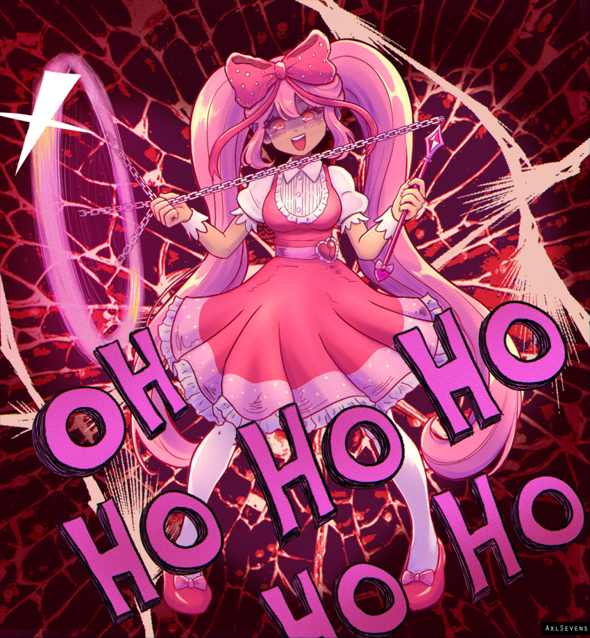 1girl :d artist_name axl_sevens belt blush bow breasts chain collared_shirt commentary commission dark-skinned_female dark_skin double-parted_bangs dress english_commentary footwear_bow frilled_sleeves frills full_body hair_between_eyes hair_bow hands_up head_tilt heart highres holding_flail legs_apart long_hair looking_at_viewer medium_breasts medium_dress omori open_mouth pantyhose petticoat pigeon-toed pink_belt pink_bow pink_dress pink_shoes polka_dot polka_dot_bow puffy_short_sleeves puffy_sleeves red_background red_eyes shaded_face shirt shoes short_sleeves sidelocks simple_background smile solo standing straight-on sweetheart_(omori) teeth tongue twintails upper_teeth_only very_long_hair vignetting white_pantyhose white_shirt wrist_cuffs