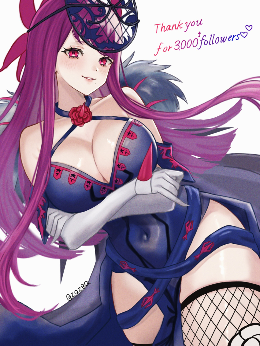 1girl bare_shoulders blue_dress blush breasts cleavage covered_navel dress fire_emblem fire_emblem_engage fishnet_thighhighs fishnets gloves grin halter_dress halterneck highres ivy_(fire_emblem) large_breasts looking_at_another milestone_celebration mole mole_under_mouth nintendo pelvic_curtain purple_eyes purple_hair smile solo thighhighs thighs white_gloves zqzbq