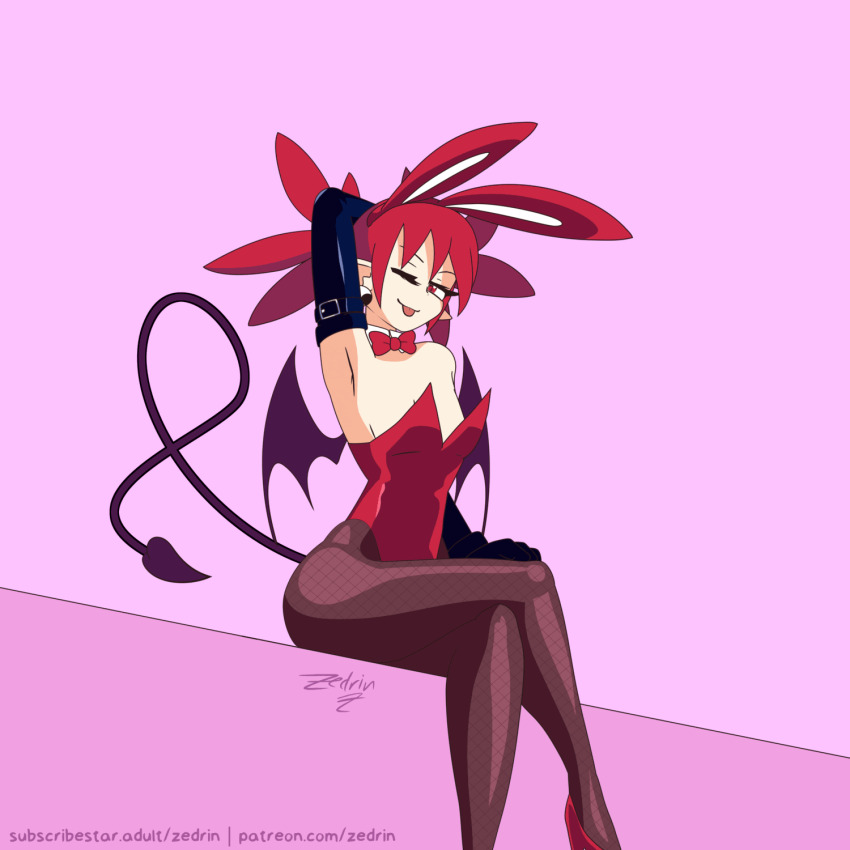 1girl animal_ears animated animated_gif arm_up armpits artist_name bare_shoulders black_gloves blush breast_expansion breasts brown_pantyhose bursting_breasts cleavage collar constricted_pupils cowboy_shot crossed_legs demon_girl demon_tail demon_wings disgaea earrings elbow_gloves etna_(disgaea) fake_animal_ears gloves high_heels highres huge_breasts jewelry large_breasts leotard looking_at_viewer matching_hair/eyes naughty_face nervous_sweating one_eye_closed open_mouth pantyhose patreon_username pink_background playboy_bunny pointy_ears red_eyes red_hair red_leotard red_shoes shoes short_twintails simple_background sitting skull_earrings small_breasts smile solo subscribestar_username surprised sweat tail twintails two-tone_background wings wink zedrin