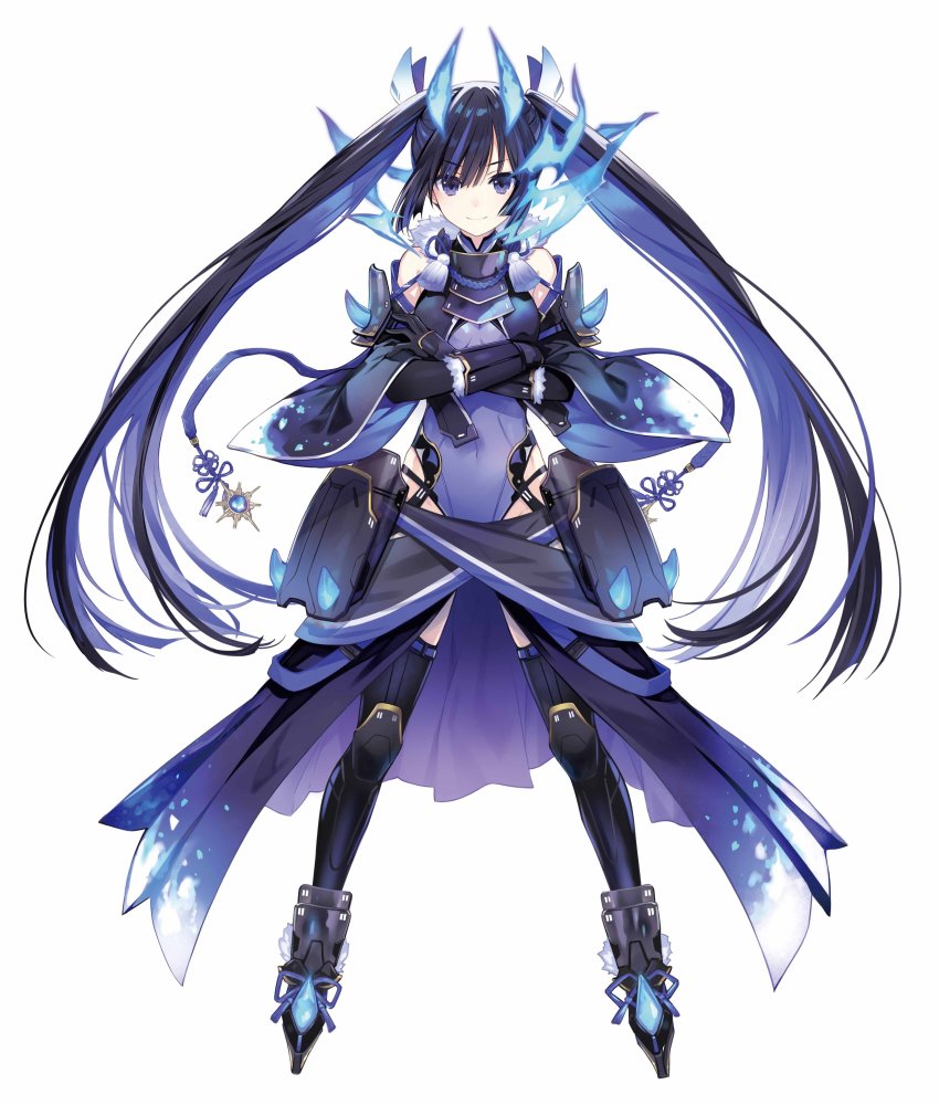 absurdres black_hair bodysuit boots colored_inner_hair fuyajou_ruri highres latex leotard long_hair multicolored_hair multiple_tails novel_illustration official_art ou-sama_no_propose purple_bodysuit purple_eyes purple_hair purple_leotard skin_tight split-color_hair tail thigh_boots thighhighs tsunako twintails two-tone_hair two_side_up