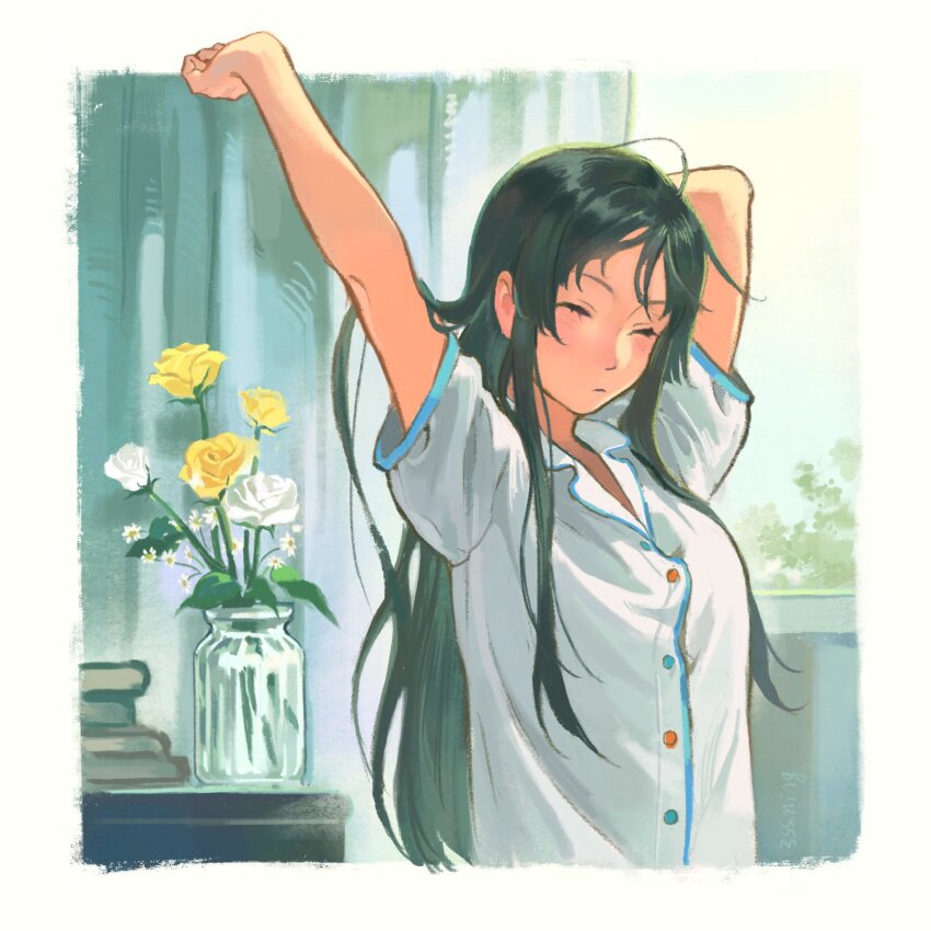 1girl akiyama_mio arms_up black_hair book book_stack bottle buttons closed_eyes commentary english_commentary flower highres indoors k-on! long_hair pajamas sann_mingg short_sleeves solo waking_up white_pajamas