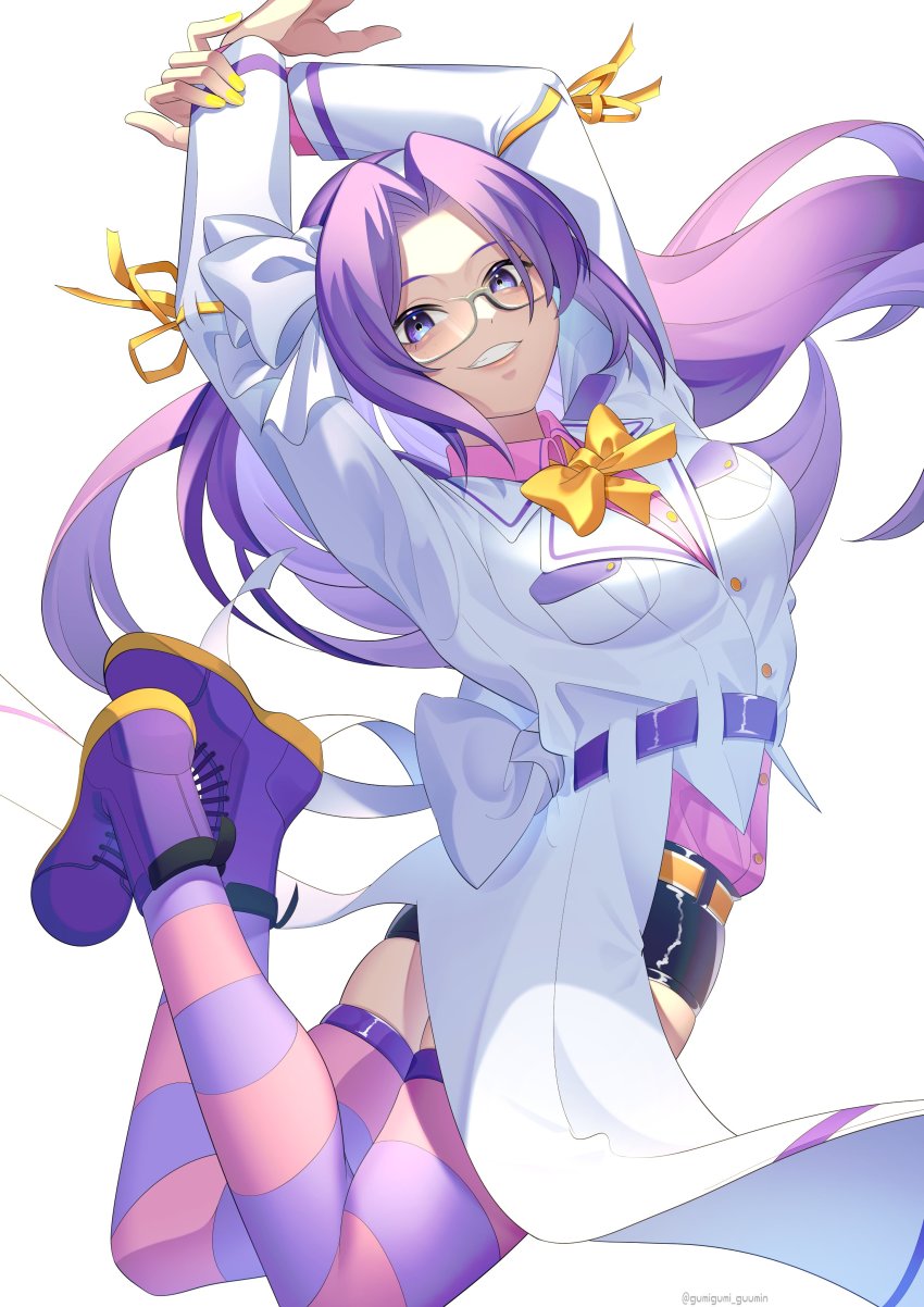 1girl absurdres arms_up asakura_rikako back_bow belt black_shorts borrowed_design bow bowtie breasts buttons chinese_text closed_lab_coat coat collared_shirt colored_shoe_soles commentary_request forehead glasses grin guumin hair_ribbon hairband highres lab_coat leg_up lips long_hair long_sleeves medium_breasts parted_bangs pocket purple_belt purple_eyes purple_footwear purple_hair purple_shirt purple_thighhighs ribbon ribbon-trimmed_sleeves ribbon_trim round_eyewear shirt short_shorts shorts simplified_chinese_text smile solo striped_clothes striped_thighhighs thighhighs touhou touhou_(pc-98) two-tone_thighhighs upper_body very_long_hair waist_bow white_background white_bow white_coat white_hairband white_ribbon yellow_bow yellow_bowtie yellow_ribbon