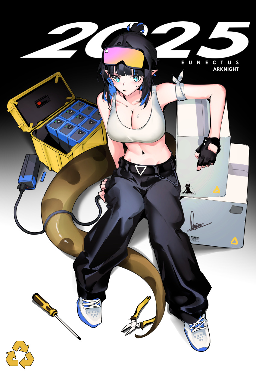 1girl 2025 absurdres aqua_eyes arknights arrow_(symbol) bare_shoulders black_gloves black_hair black_pants blue_hair breasts brown_tail character_name cleavage closed_mouth collarbone copyright_name crop_top eunectes_(arknights) fingerless_gloves full_body gloves highres khrnnfz large_breasts looking_at_viewer midriff navel pants pointy_ears recycling_symbol rhodes_island_logo_(arknights) screwdriver short_hair sitting solo sports_bra tail white_sports_bra