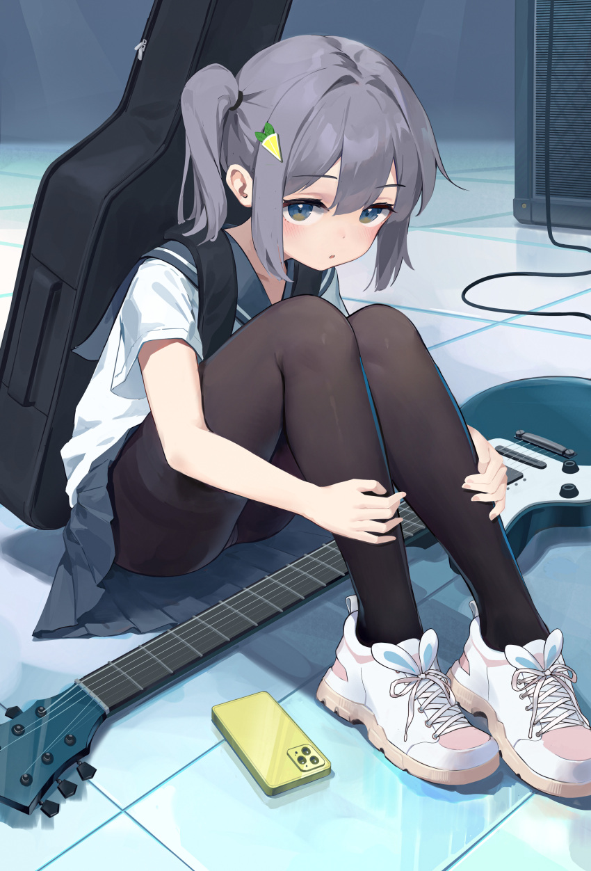 1girl :o absurdres amplifier black_pantyhose blue_eyes blue_sailor_collar blue_skirt blush cable cellphone commentary_request double-parted_bangs electric_guitar food-themed_hair_ornament grey_hair guitar guitar_case hair_between_eyes hair_ornament highres instrument instrument_case knees_up looking_at_viewer mr_arme on_floor one_side_up original panties panties_under_pantyhose pantyhose pantyshot parted_lips phone pleated_skirt sailor_collar school_uniform shirt shoes short_sleeves sitting skirt smartphone sneakers solo thighband_pantyhose tile_floor tiles underwear white_shirt white_shoes