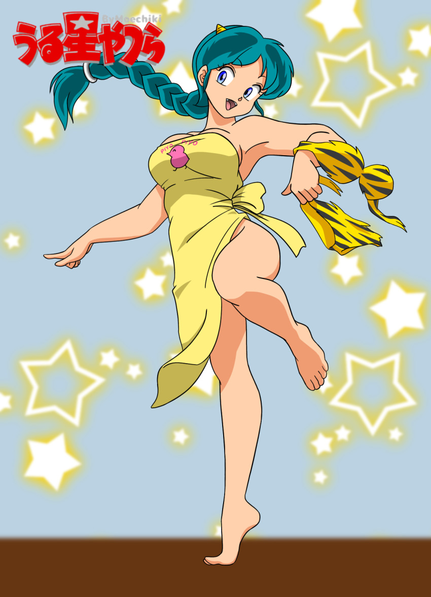 1girl alternate_costume alternate_hairstyle apron artist_name bad_id bad_pixiv_id bare_legs barefoot bikini blue_eyes braid breasts fangs green_hair highres holding holding_unworn_clothes lum medium_breasts moechiki naked_apron solo star_(symbol) swimsuit unworn_bikini urusei_yatsura