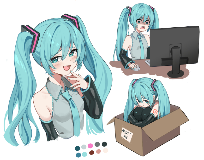 1girl :d bib_(bibboss39) black_sleeves blue_hair blue_necktie box breasts cardboard_box collared_shirt detached_sleeves fang floating_hair green_eyes grey_shirt hair_ornament hatsune_miku highres holding_computer_mouse long_hair long_sleeves looking_at_viewer multiple_expressions necktie open_mouth shirt sleeveless sleeveless_shirt small_breasts smile smug twintails very_long_hair vocaloid white_background wing_collar