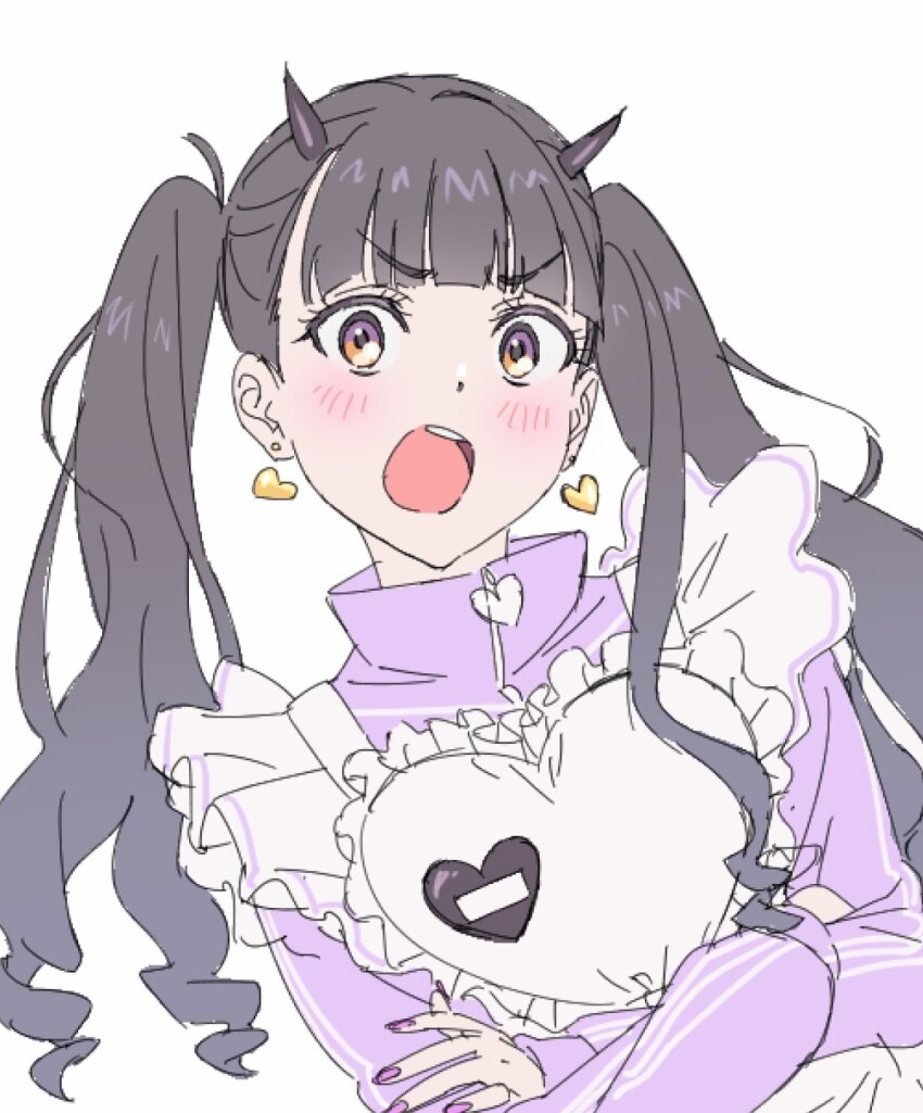 1girl apron black_hair blush brown_eyes dress earrings frills heart highres horns jewelry long_hair long_sleeves looking_at_viewer mosh_mallow nail_polish open_mouth original solo striped_background striped_clothes striped_dress symbol-shaped_pupils twintails upper_body vertical-striped_clothes vertical-striped_dress