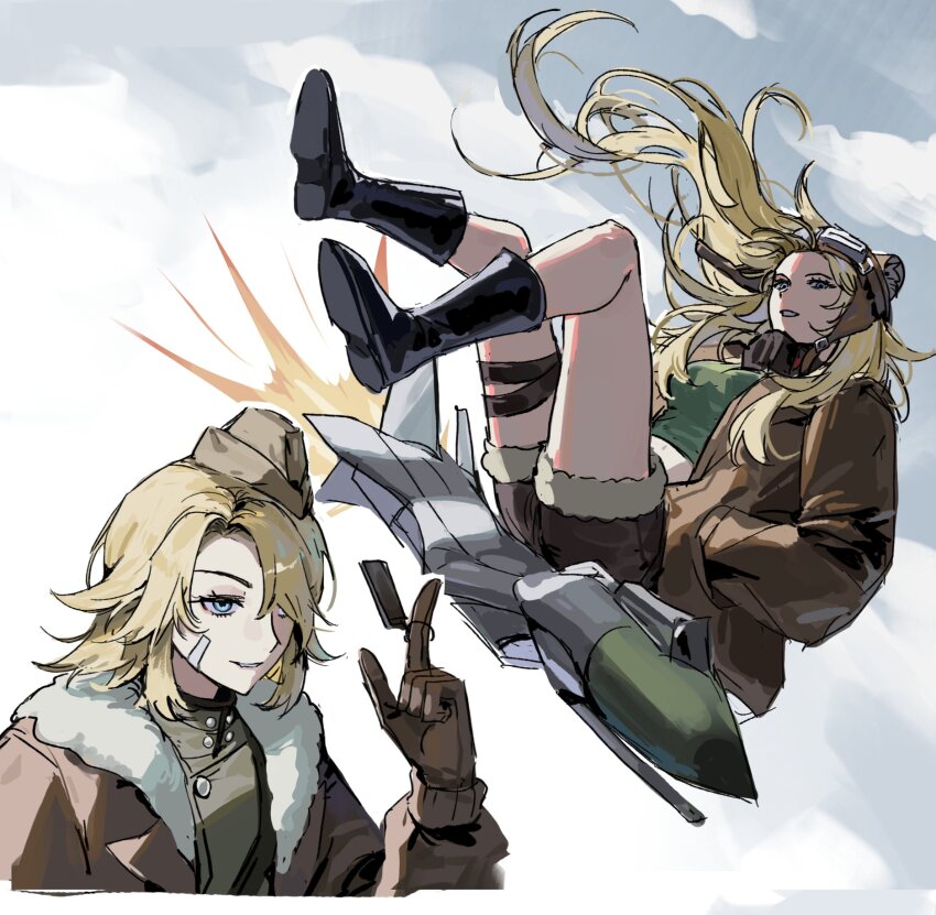 1girl animal_ear_headwear aviator_cap black_footwear blonde_hair blue_eyes blue_sky boots broom broom_riding brown_gloves brown_hat brown_jacket brown_shorts cloud fake_animal_ears floating_hair flying full_body fur-trimmed_jacket fur-trimmed_shorts fur_trim garrison_cap gloves green_shirt gyeol_124 hair_over_one_eye hand_in_pocket hand_up hat highres index_finger_raised jacket lilya_(reverse:1999) long_hair looking_at_viewer mask mask_around_neck mechanical_broom midriff multiple_views one_eye_covered oxygen_mask reverse:1999 shirt shorts sidesaddle sitting sky spinning upper_body