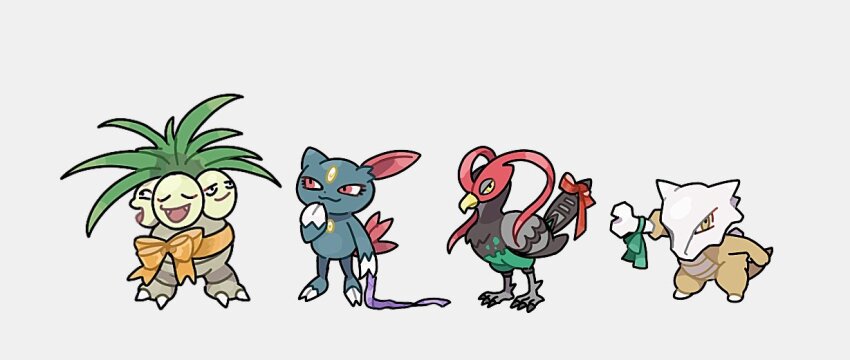 bird black_eyes bow claws closed_eyes closed_mouth eneko_(olavcnkrpucl16a) exeggutor fangs game_freak gen_1_pokemon gen_2_pokemon gen_5_pokemon marowak nintendo no_humans open_mouth pokemon pokemon_(creature) purple_ribbon ribbon smile sneasel unfezant yellow_eyes