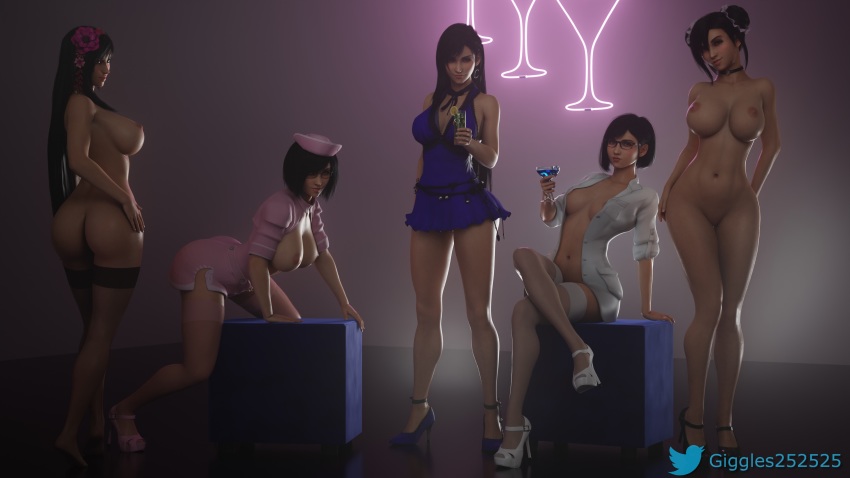 3d 5girls absurdres alternate_costume alternate_hairstyle arm_at_side arm_support ass asymmetrical_bangs bare_arms bare_legs bare_shoulders black_bow black_bowtie black_footwear black_hair blue_bow blue_bowtie blue_dress blue_footwear bow bowtie breasts breasts_out choker cleavage closed_mouth clothed_female_nude_female coat cocktail cocktail_glass crescent crescent_earrings crossed_legs cup doctor double_bun dress drink drinking_glass earrings feet female_focus final_fantasy final_fantasy_vii final_fantasy_vii_remake flower flower_on_head food frilled_dress frills from_behind fruit full_body giggles25 glasses hair_bun hair_up hat head_tilt high_heels highres holding holding_drink holding_drinking_glass jewelry large_breasts leaning leaning_forward legs lips long_hair looking_at_viewer looking_back multiple_girls multiple_persona naughty_face navel neck neon_lights nipples nude nurse nurse_cap official_alternate_costume pink_dress pink_footwear pink_headwear pussy red_eyes reflection reflective_floor ribbon shoes short_dress short_hair single_hair_bun sitting smile spread_legs square_enix standing stiletto_heels stomach straight_hair thick_thighs thighhighs thighs tifa_lockhart tifa_lockhart_(refined_dress) twitter_username wall_market white_coat white_footwear
