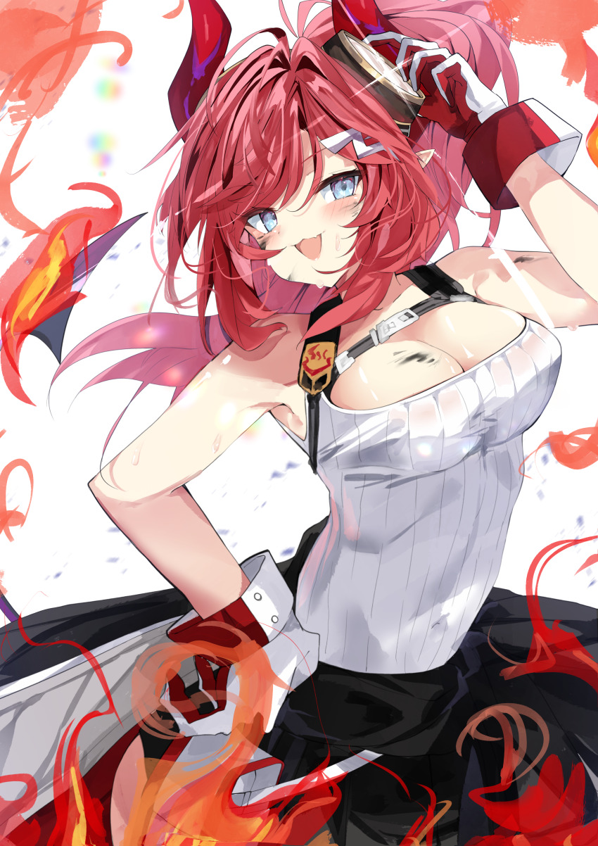 1girl absurdres arm_up blue_archive blue_eyes blush breasts cleavage clothes_around_waist demon_horns fire glint gloves goggles goggles_on_head hair_ornament hairclip hand_on_own_hip highres horns jacket jacket_around_waist kamiya_mitobe large_breasts long_hair looking_at_viewer megu_(blue_archive) pointy_ears ponytail red_gloves red_hair red_horns solo sweat tank_top two-tone_gloves upper_body white_background white_gloves