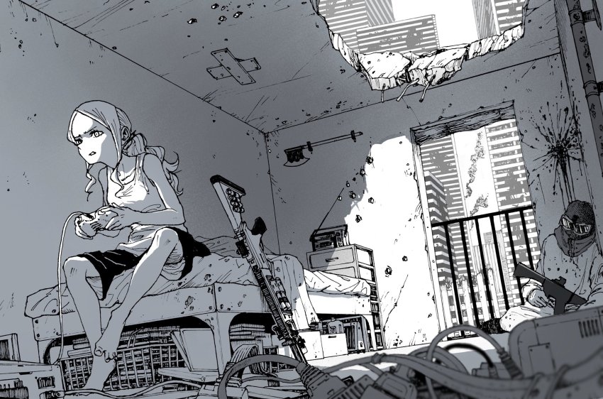 1boy 1girl axe barefoot basket bed blanket blood blood_splatter book boots bottle box building bullet_hole cable cartridge chest_of_drawers commentary_request controller corpse destruction drawer frown game_console game_controller goggles greyscale gun headshot heater highres holding holding_controller holding_gun holding_weapon hole indoors industrial_pipe long_hair monochrome omao original ponytail radio rebar ruins shorts sidelocks sitting skyscraper smoke solo_focus spread_toes tank_top toes urban weapon
