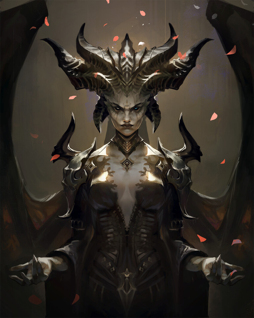 1girl absurdres black_dress black_lips breasts cleavage demon_girl demon_horns demon_wings diablo_(series) dress fingernails heterochromia highres horns lilith_(diablo) looking_at_viewer martinbulteau medium_breasts sharp_fingernails solo wings