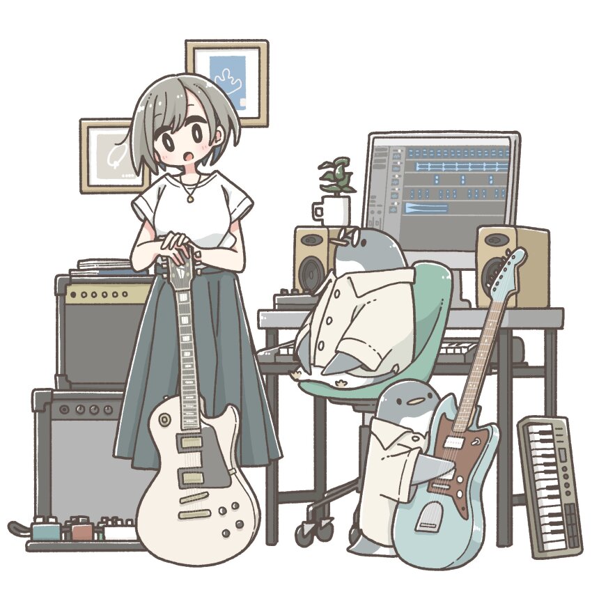 1girl amplifier bird brown_hair east_sha2 glasses guitar highres holding holding_instrument instrument jewelry keyboard_(instrument) long_skirt looking_at_viewer monitor necklace original penguin round_eyewear shirt skirt solo speaker white_shirt