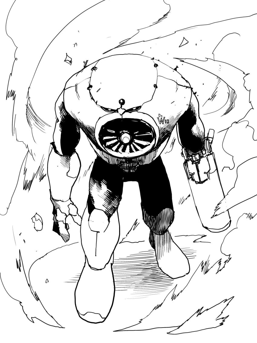 1boy adapted_costume air_man commentary greyscale hatching_(texture) highres linear_hatching looking_ahead manabu_yashiro mega_man_(classic) mega_man_(series) monochrome no_humans robot wind