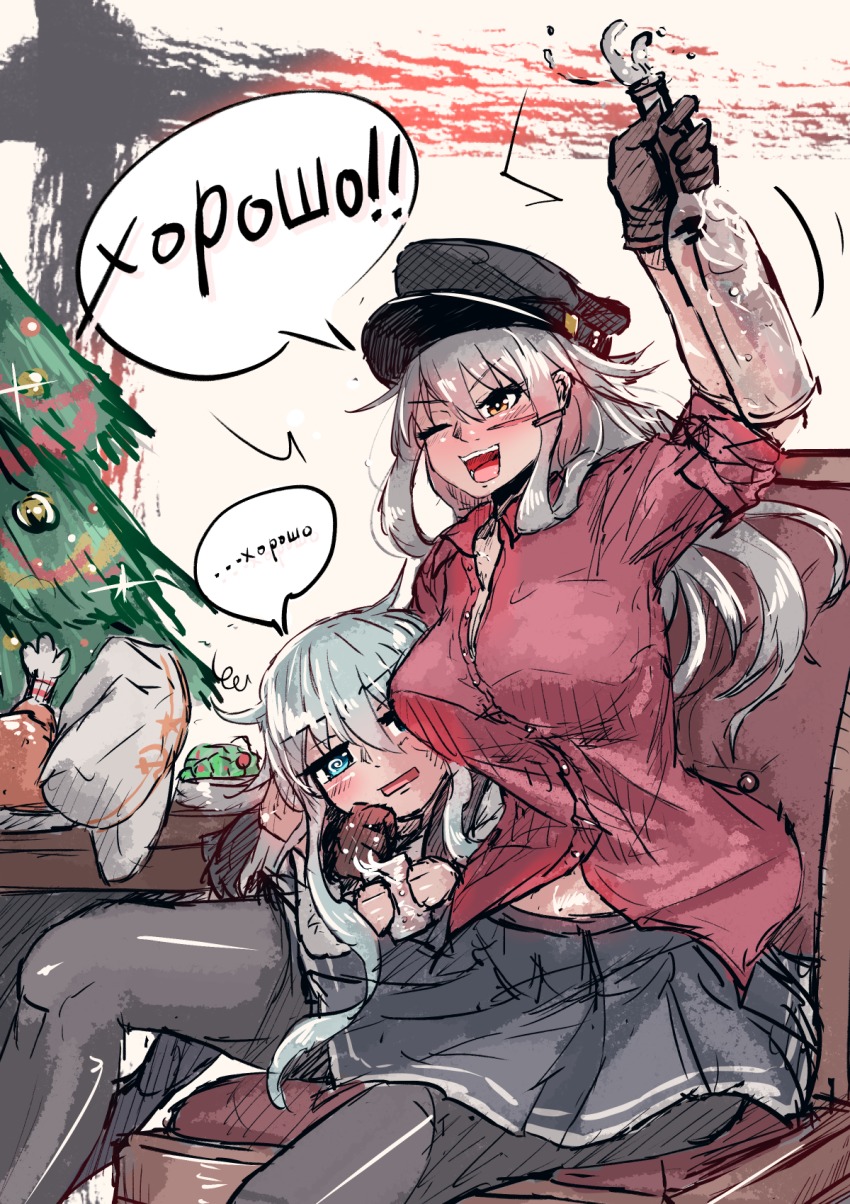 2girls alcohol black_legwear black_skirt blue_eyes blush breasts chicken_(food) christmas christmas_ornaments christmas_tree couch dress food gangut_(kancolle) gloves grey_gloves grey_hair hair_between_eyes hair_ornament hairclip hat hibiki_(kancolle) highres horosho kakiiro_(takuya) kantai_collection large_breasts long_hair looking_at_viewer military military_hat military_uniform miniskirt multiple_girls naval_uniform new_year one_eye_closed open_mouth orange_eyes pantyhose peaked_cap red_shirt sailor_collar sailor_dress sailor_hat school_uniform serafuku shirt simple_background skirt spruce table verniy_(kancolle) vodka