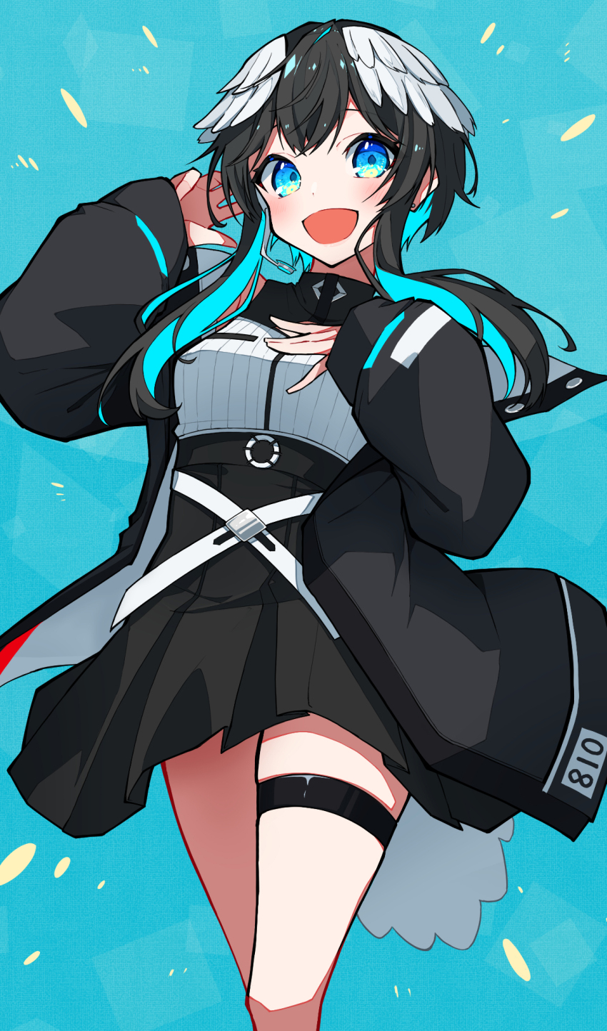 1girl :d black_hair black_jacket black_skirt blue_background blue_eyes blue_hair breasts commentary_request feathered_wings feet_out_of_frame grey_wings head_wings high-waist_skirt highres indie_virtual_youtuber jacket kurata_rine kurata_rine_(vtuber) long_hair long_sleeves looking_at_viewer medium_breasts multicolored_hair open_clothes open_jacket open_mouth pleated_skirt puffy_long_sleeves puffy_sleeves shirt simple_background skirt sleeves_past_wrists smile solo standing thigh_strap two-tone_hair virtual_youtuber white_shirt wings
