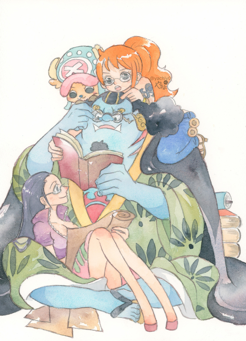 2boys 2girls absurdres arm_tattoo black_cape blue_skin book cape colored_skin commentary_request cross denim extra_arms facial_hair geta glasses goatee green_kimono hat highres holding holding_book indian_style japanese_clothes jeans jinbe_(one_piece) kimono multiple_boys multiple_girls nami_(one_piece) nico_robin one_piece painting_(medium) pants pink_hat pink_sarong ponytail sarong scar scar_on_face sidelocks simple_background sitting tattoo tony_tony_chopper traditional_media twitter_username watercolor_(medium) white_background yachiy0