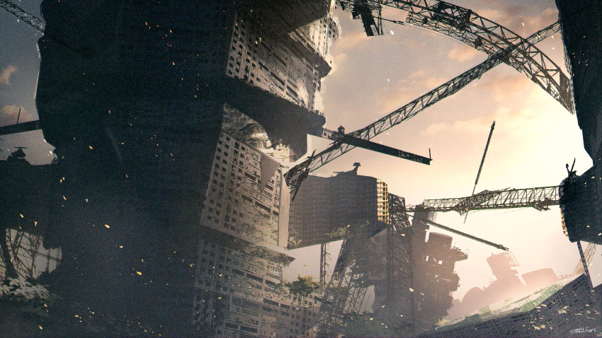 absurdres building cloud commentary_request evening highres no_humans original outdoors ruins scenery shizui_fen signature sky skyscraper
