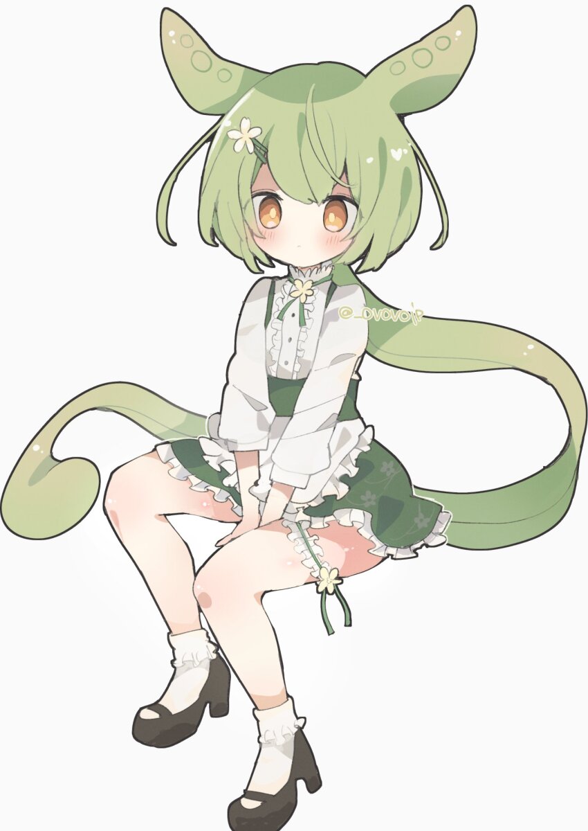 1girl apron blush bobby_socks dress expressionless flat_chest flower frilled_thigh_strap full_body green_hair hair_flower hair_ornament high_heels highres long_hair looking_at_viewer low_ponytail mary_janes orange_eyes ovoip ponytail shoes simple_background socks solo thigh_strap voicevox waitress waitress_zundamon white_background zundamon