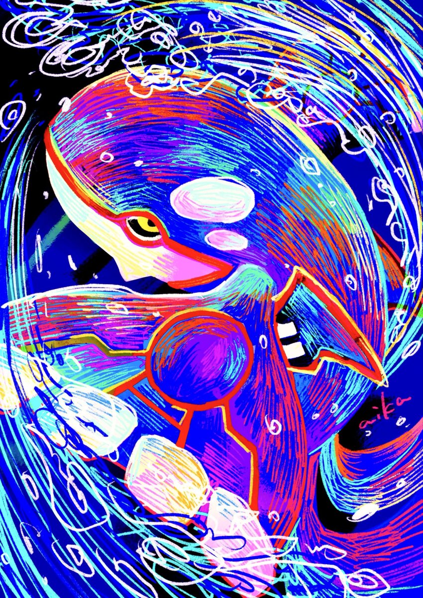 black_sclera closed_mouth colored_sclera gen_3_pokemon highres kyogre legendary_pokemon looking_at_viewer nintendo no_humans otonoha_aika pokemon pokemon_(creature) pokemon_focus solo water yellow_eyes yellow_sclera