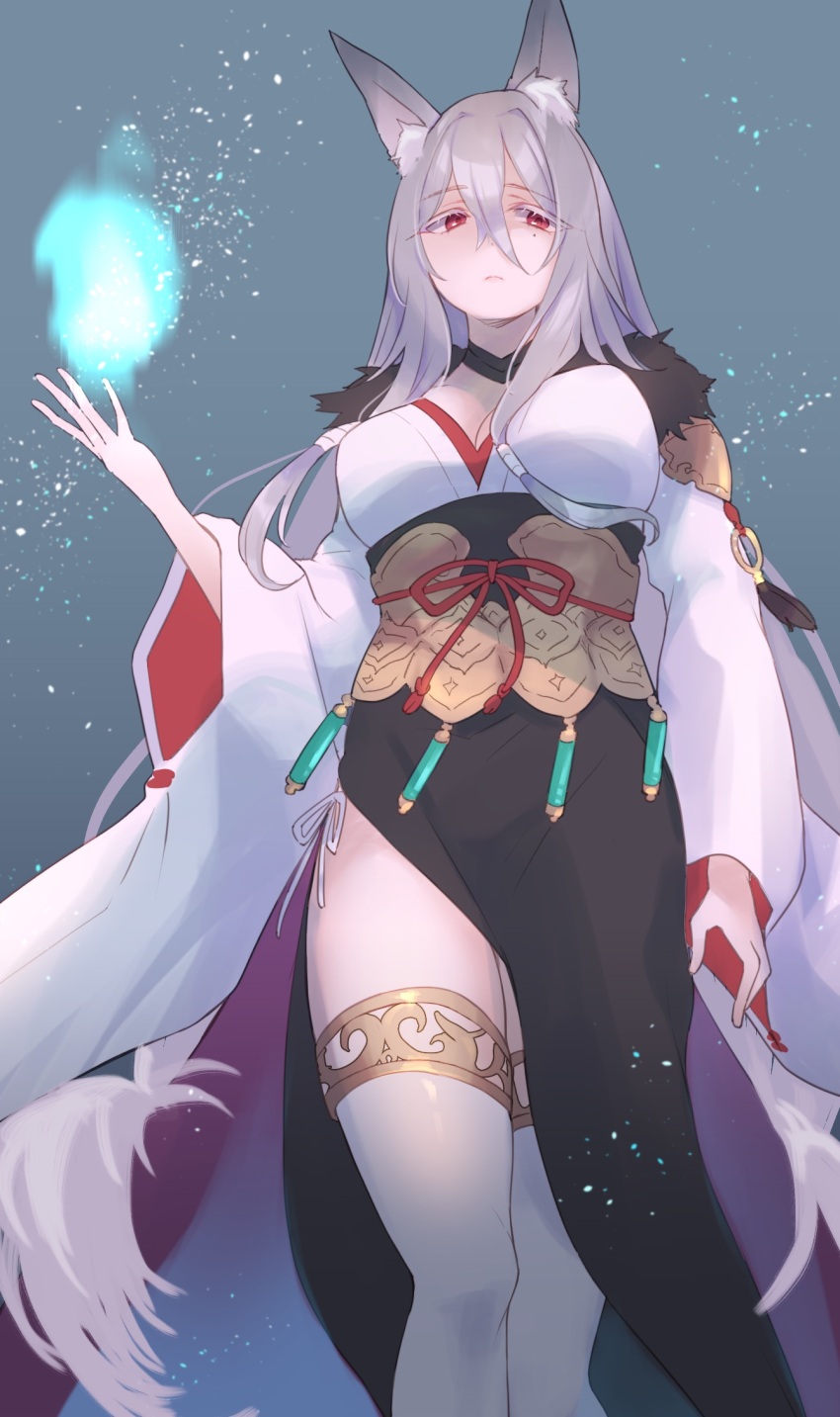 1girl animal_ear_fluff animal_ears blue_fire breasts closed_mouth fire grey_hair groin gucchiann hair_between_eyes hand_up highres japanese_clothes kimono long_hair long_sleeves medium_breasts mole mole_under_eye pelvic_curtain princess_connect! red_eyes senri_mana solo thighhighs very_long_hair white_kimono white_thighhighs wide_sleeves