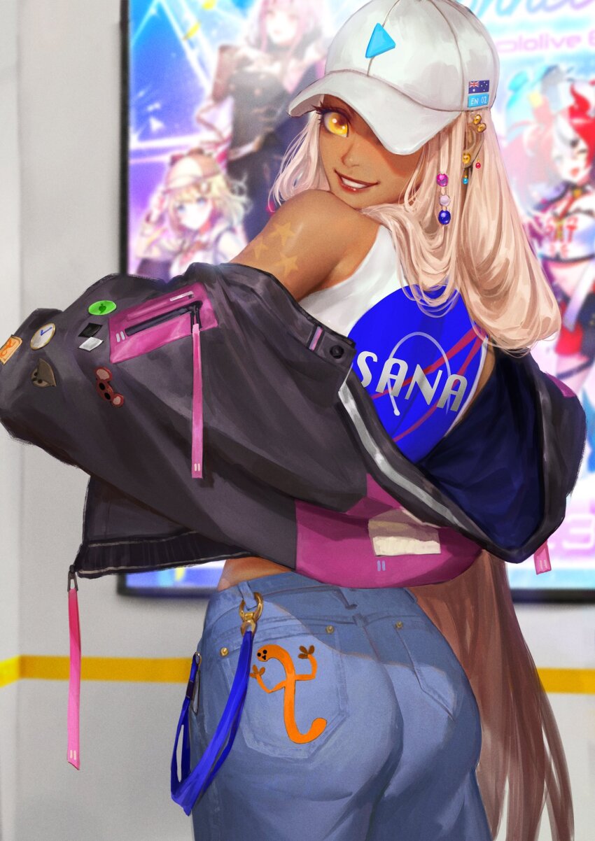 1girl ass australian_flag baseball_cap black_jacket blue_pants brown_eyes brown_hair dark-skinned_female dark_skin denim earrings from_behind hair_behind_ear hakos_baelz hakos_baelz_(1st_costume) hat highres hololive hololive_english jacket jeans jewelry light_brown_hair logo logo_parody long_hair looking_at_viewer looking_back mori_calliope mori_calliope_(1st_costume) mr._squeaks_(hakos_baelz) nasa nasa_logo one_eye_covered pants parted_lips poster_(object) red_lips shirt sleeveless sleeveless_shirt smile solo thedurianart tsukumo_sana very_long_hair virtual_youtuber watson_amelia watson_amelia_(1st_costume) white_shirt yatagarasu_(tsukumo_sana)