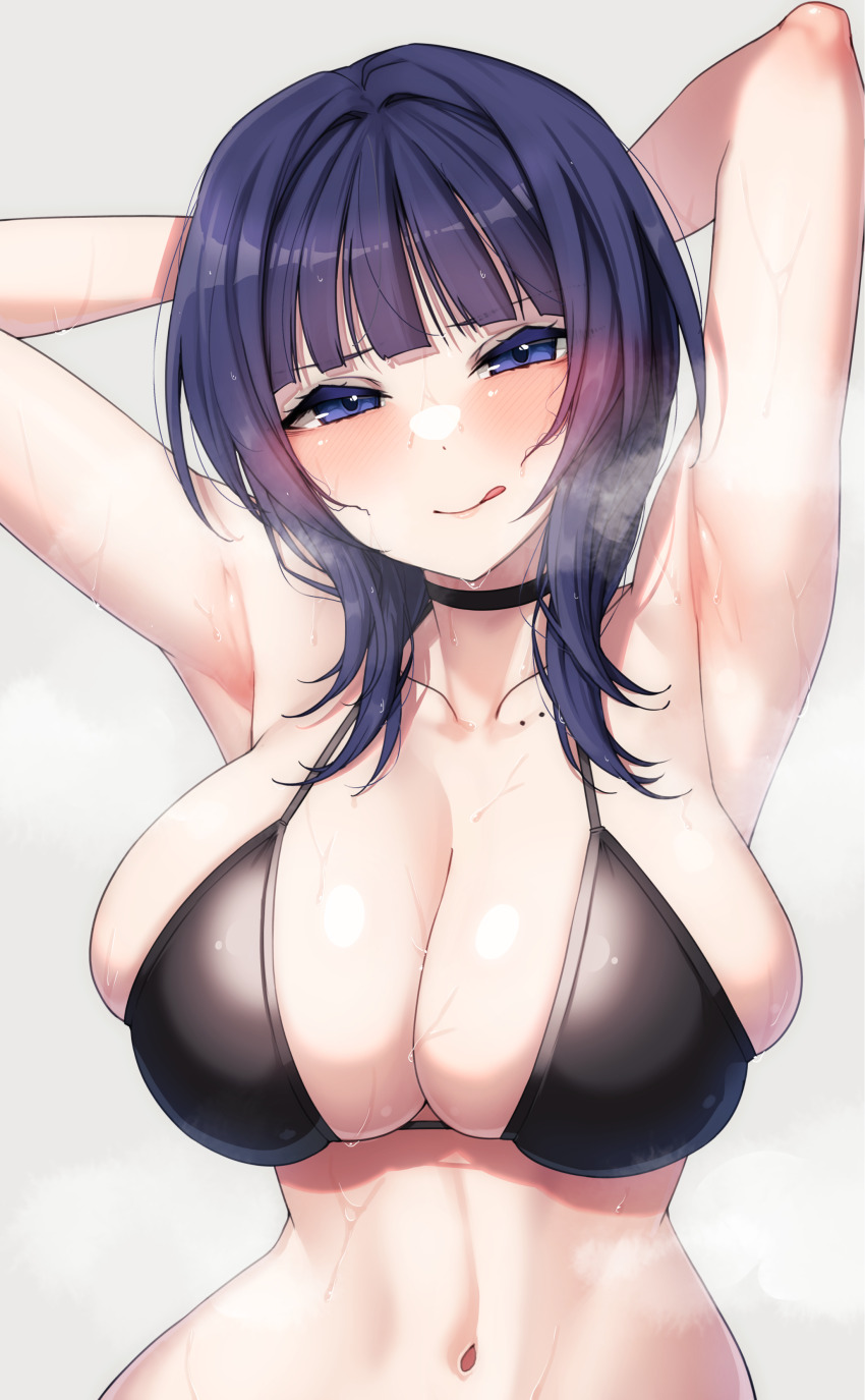 1girl :q absurdres armpits asaka_karin bikini black_bikini blue_eyes blue_hair breasts commentary_request grey_background highres large_breasts looking_at_viewer love_live! love_live!_nijigasaki_high_school_idol_club medium_hair nasuno_(nasuno42) navel simple_background solo steam steaming_body sweat swimsuit tongue tongue_out upper_body