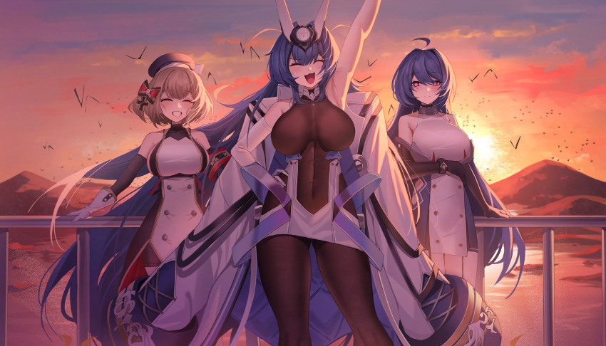 3girls :3 absurdly_long_hair absurdres ahoge arm_under_breasts arm_up armband armpits azur_lane bare_shoulders beret bike_shorts bird black_gloves black_headwear blonde_hair blue_hair blush bodystocking bow breasts buttons cleavage closed_eyes closed_mouth clothing_cutout cloud cloudy_sky coat coat_on_shoulders collarbone covered_collarbone covered_navel cowboy_shot cross double-breasted dress elbow_gloves gloves gluteal_fold gold_trim grin hair_between_eyes hair_bow hair_intakes hair_ornament hand_on_railing hat headgear helena_(azur_lane) helena_(retrofit)_(azur_lane) highres iron_cross jeze large_breasts long_hair looking_at_viewer mountainous_horizon multiple_girls new_jersey_(azur_lane) open_mouth outdoors purple_eyes railing revision see-through_clothes see-through_cleavage short_hair side_cutout sidelocks sky smile standing sunset taut_clothes taut_dress very_long_hair white_coat white_dress white_gloves z23_(azur_lane)