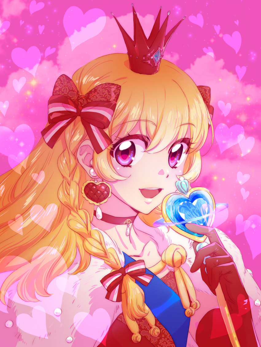 1girl :d aikatsu! aikatsu!_(series) anniversary blonde_hair bow braid choker collarbone crown earrings elbow_gloves english_text gloves hair_bow hand_up heart heart_earrings highres holding holding_staff hoshimiya_ichigo jewelry kayo long_hair looking_at_viewer open_mouth pink_background red_bow red_choker red_eyes red_gloves smile solo staff striped_bow teeth upper_body upper_teeth_only