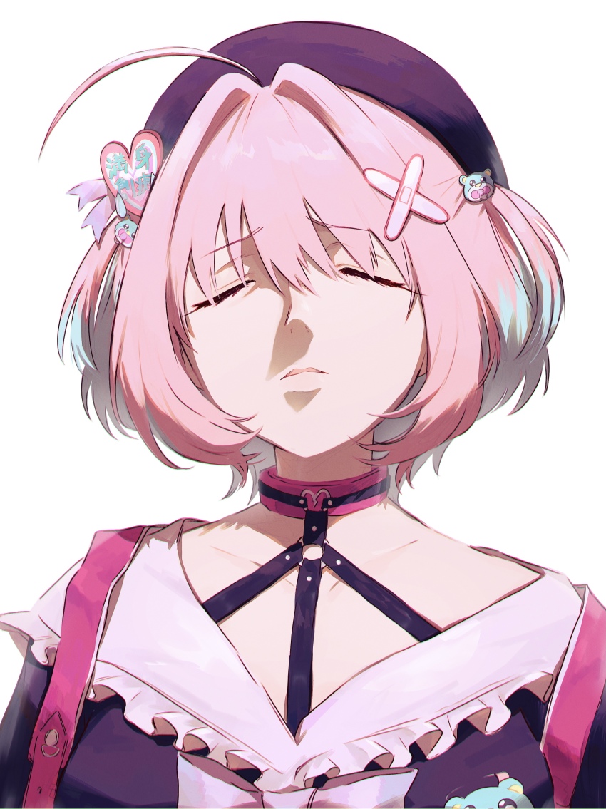 1girl absurdres ahoge bandaid bandaid_hair_ornament between_breasts breasts closed_eyes collarbone hair_between_eyes hair_intakes hair_ornament hamachamu hat heart highres idolmaster idolmaster_cinderella_girls idolmaster_cinderella_girls_starlight_stage large_breasts multicolored_hair nostrils o-ring official_alternate_costume parted_lips pink_hair short_hair simple_background solo two-tone_hair upper_body white_background yumemi_riamu